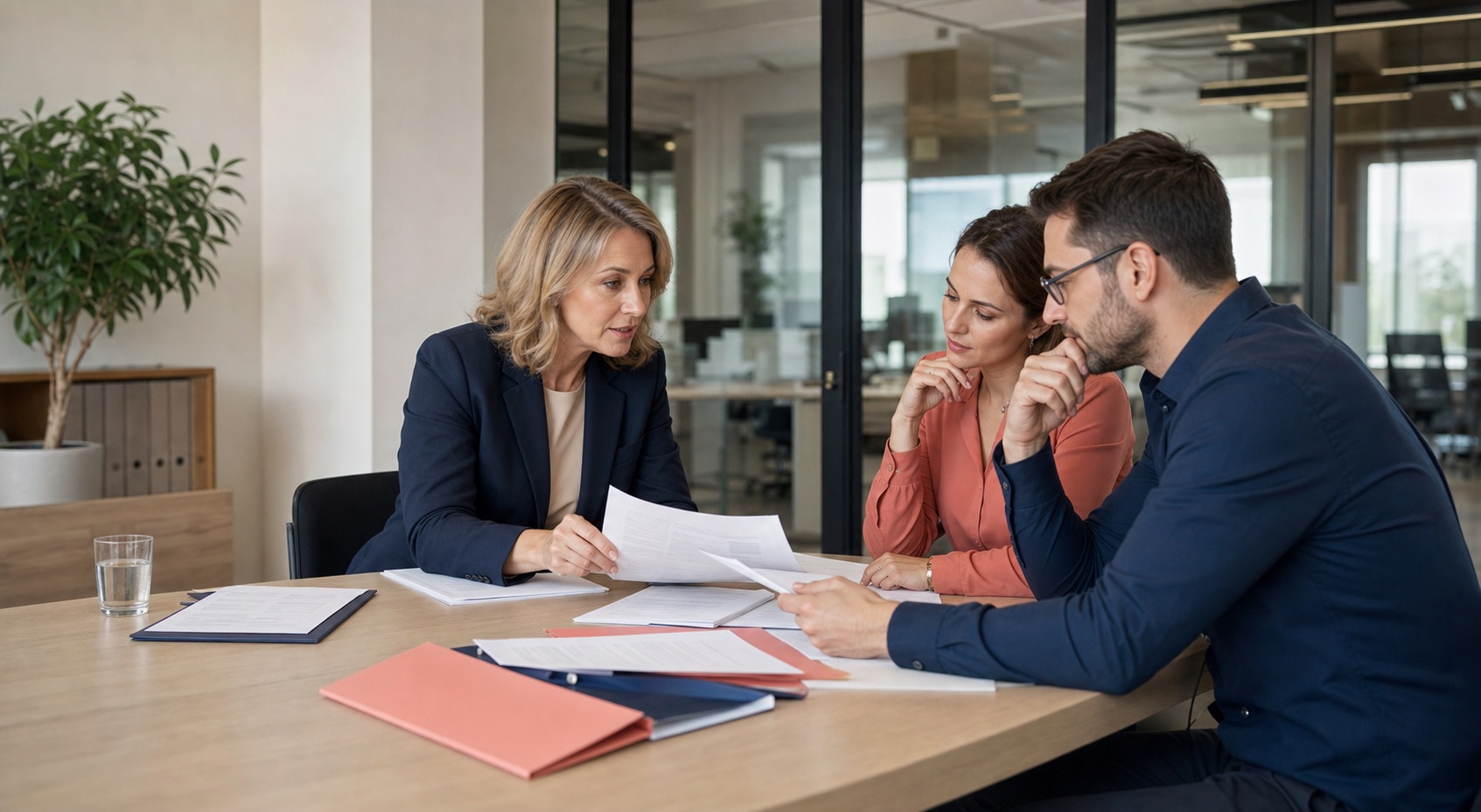HR consultant and colleagues reviewing workplace policies and people processes in a modern office
